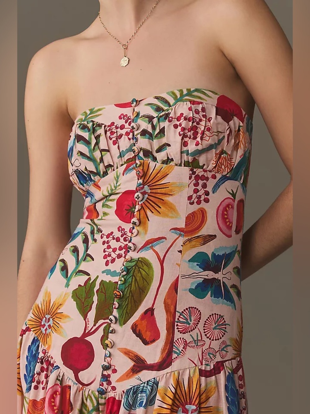 Farm Rio Bright Farm Strapless Linen Dress veggie print - Picture 10 of 10